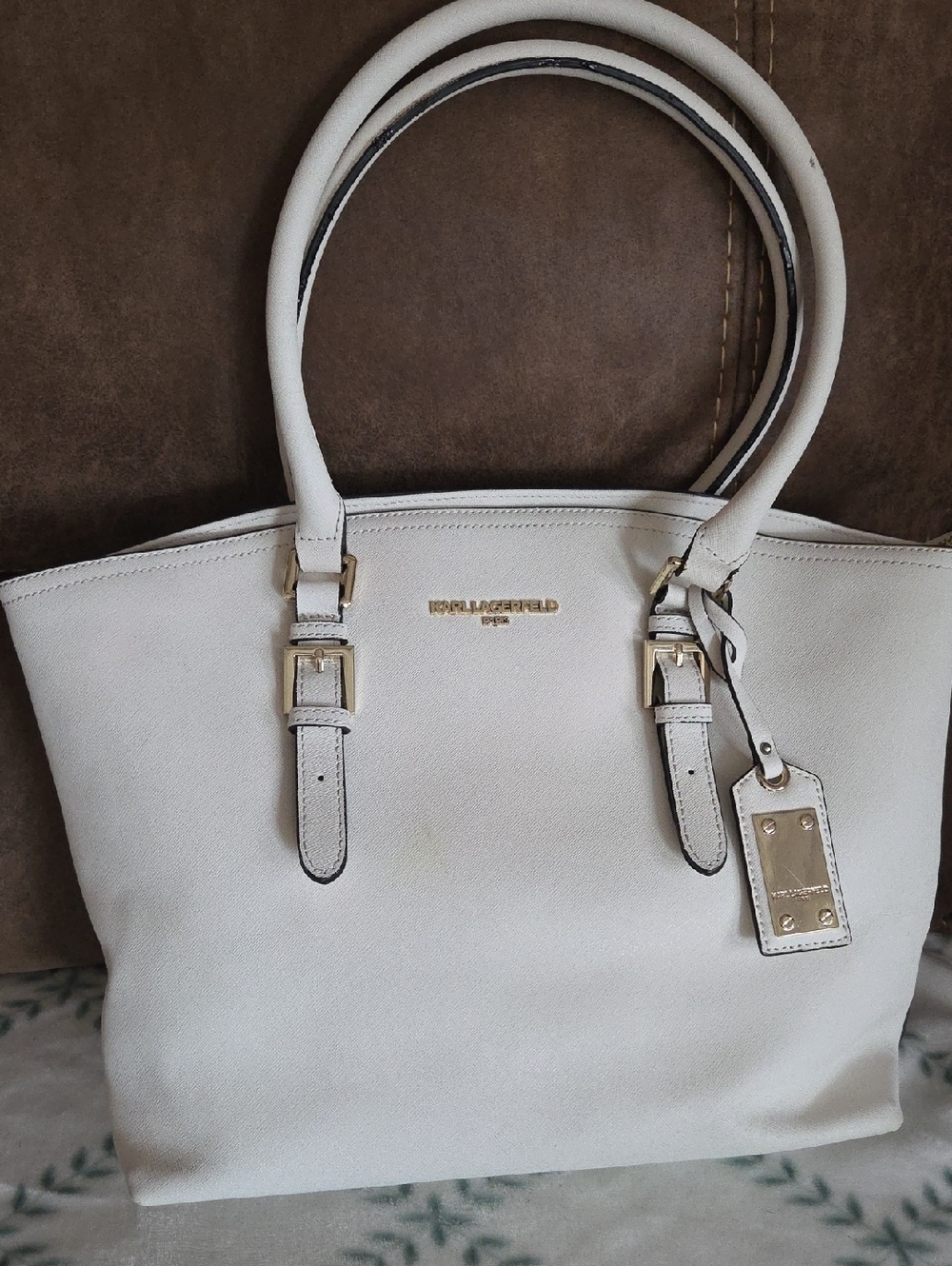 Karl Lagerfeld Cream Leather Tote with Gold Hardware